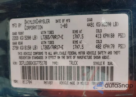 2003 Dodge Ram 3500 Slt/Laramie/St z USA, uszkodzony, nr VIN 3D7LU386X3G775178